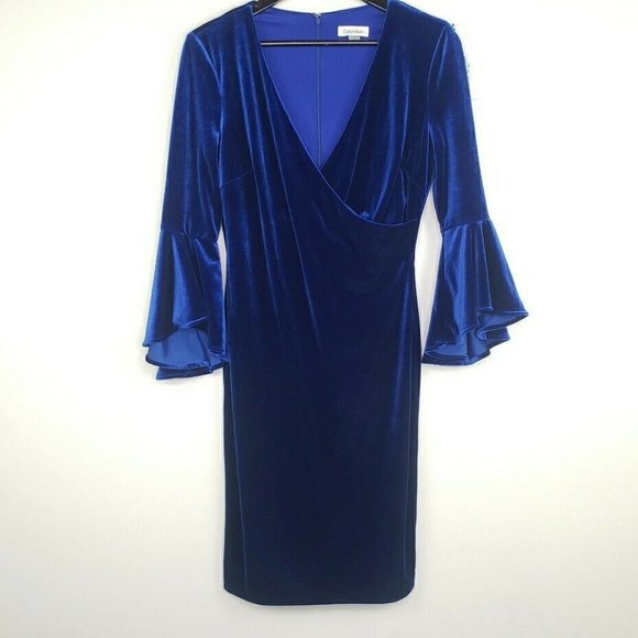 Calvin Klein NWT Women's Blue Velvet Dress Size 8 Bell Sleeves V Neck - Picture 1 of 5